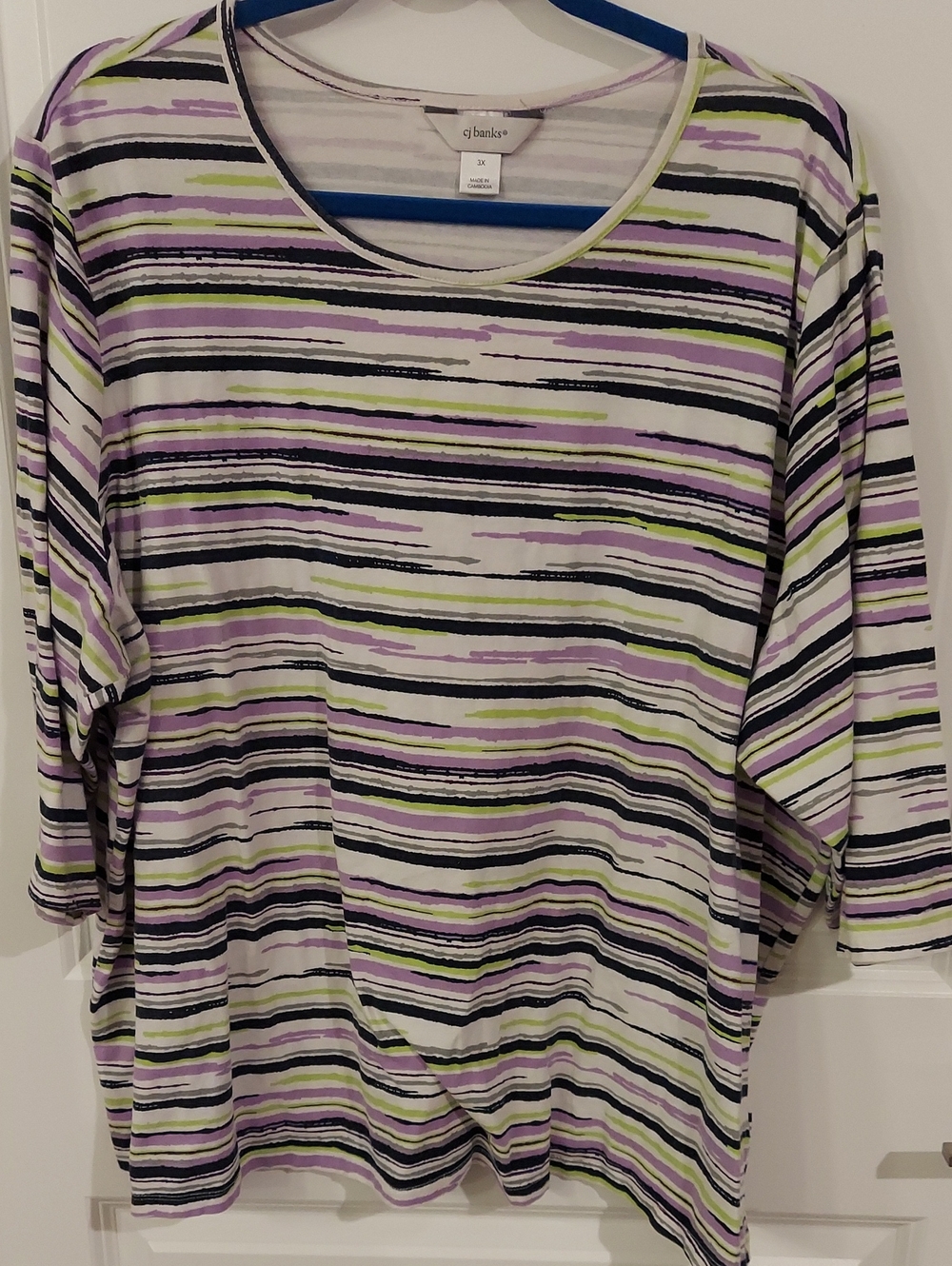 CJ Banks Striped Scoop Neck Long Sleeve Top in Lavender, Black & Lime